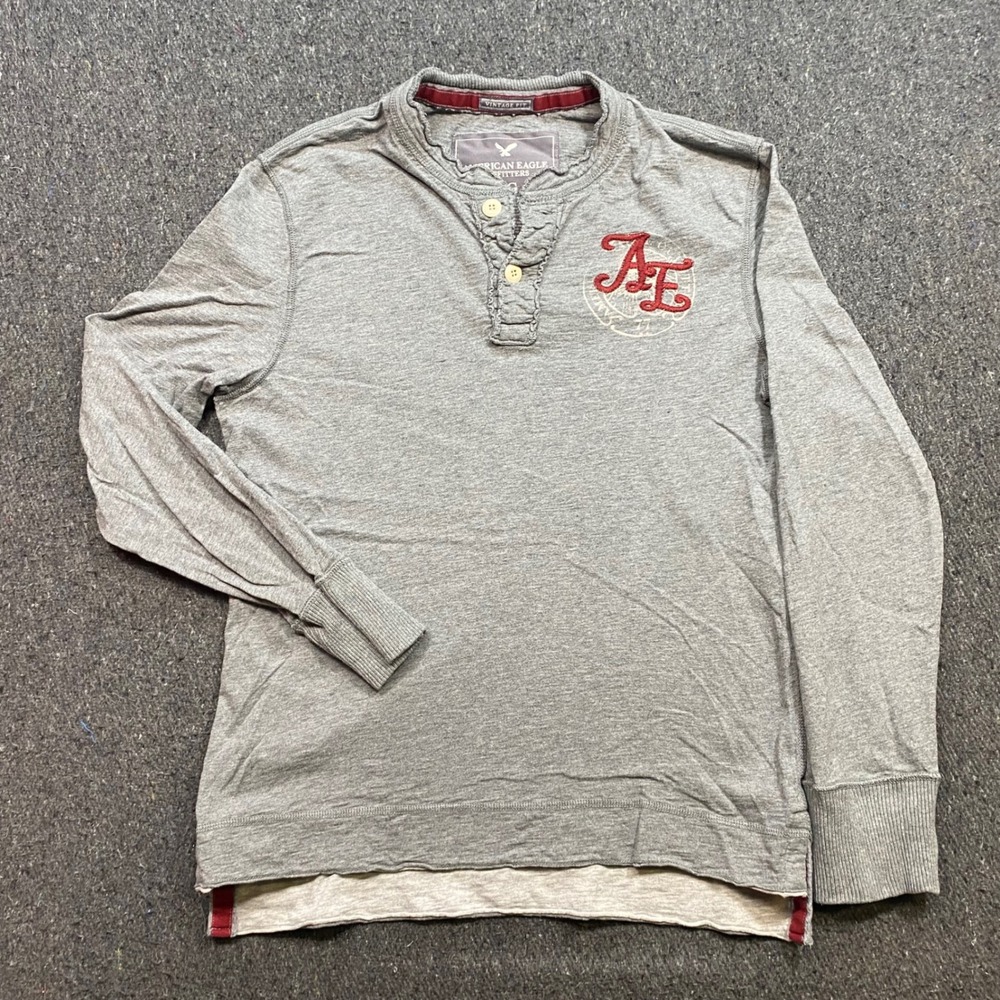 American Eagle Henley Sz L Mens Gray Skater Vintage Fit Long Sleeve TShirt Logo